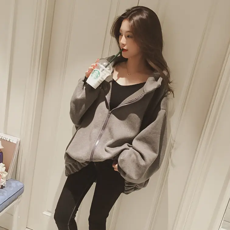 Women Fleece Hoodie Grey Loose Fit Mid Length Harajuku Style — feature 4