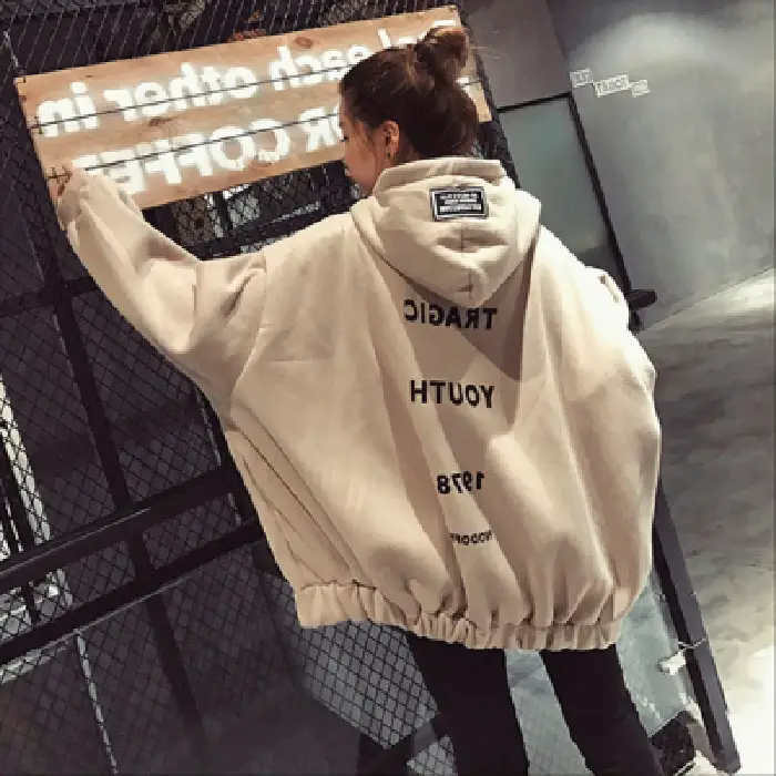 Women Fleece Hoodie Grey Loose Fit Mid Length Harajuku Style - Image 2