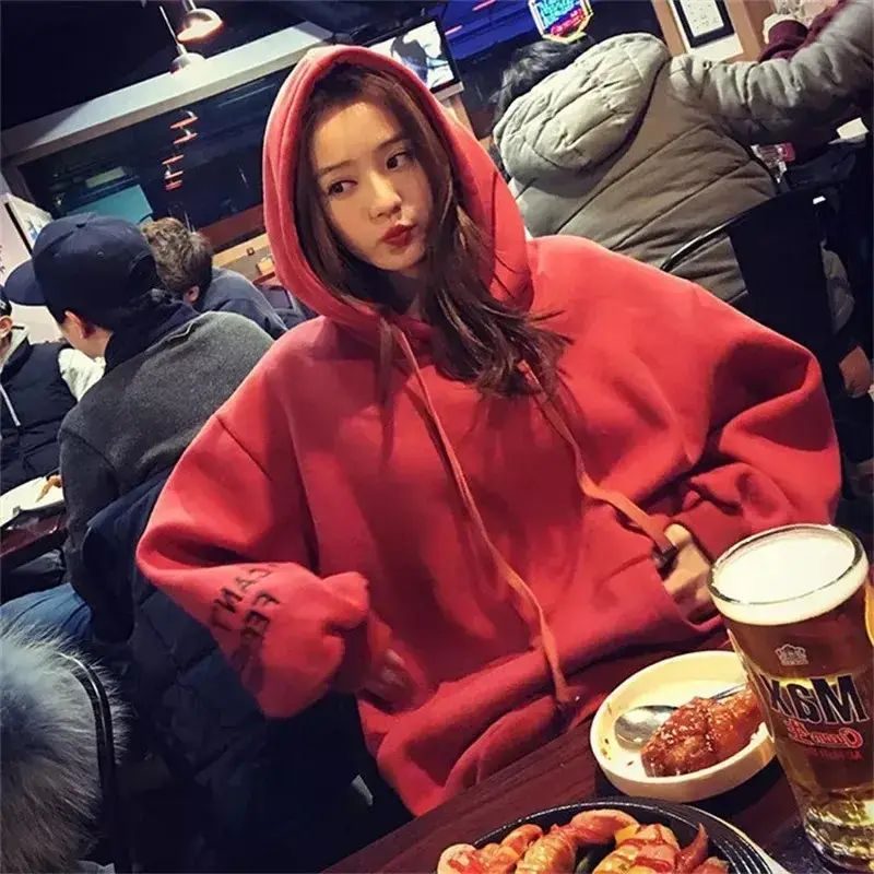 Women Red Hooded Sweatshirt Long Sleeve Fleece Winter - Image 6