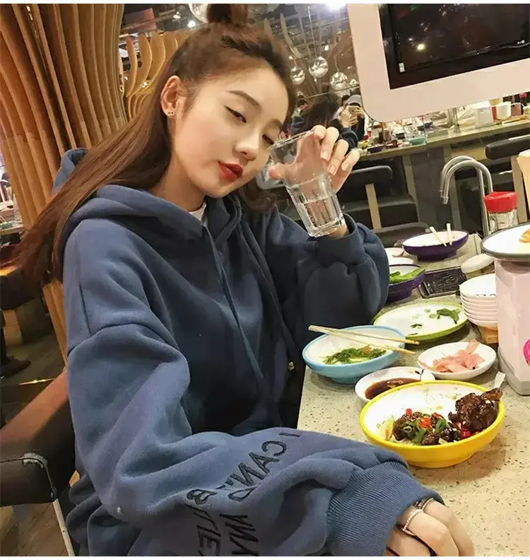 Women Red Hooded Sweatshirt Long Sleeve Fleece Winter — feature 10