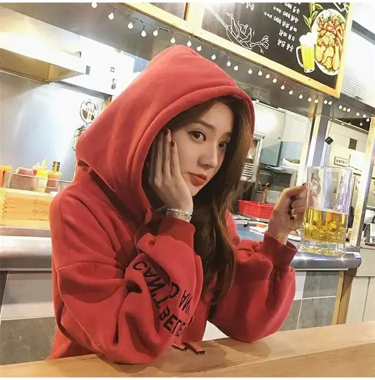 Women Red Hooded Sweatshirt Long Sleeve Fleece Winter — feature 11