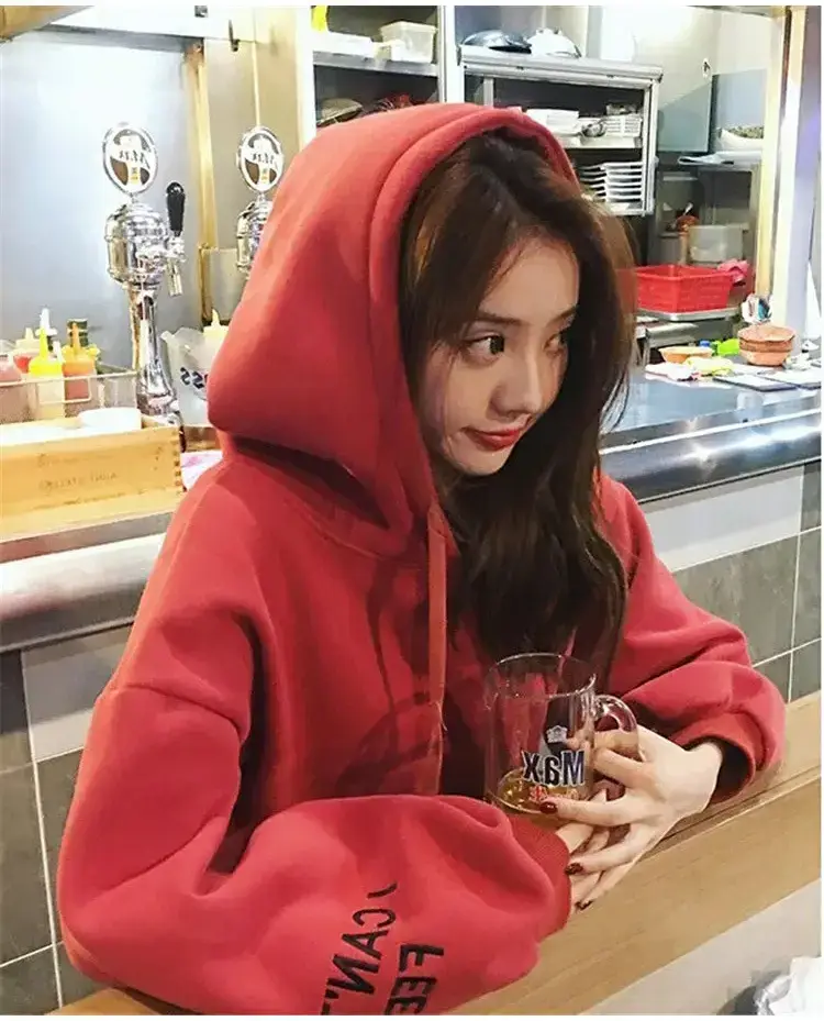 Women Red Hooded Sweatshirt Long Sleeve Fleece Winter — feature 12
