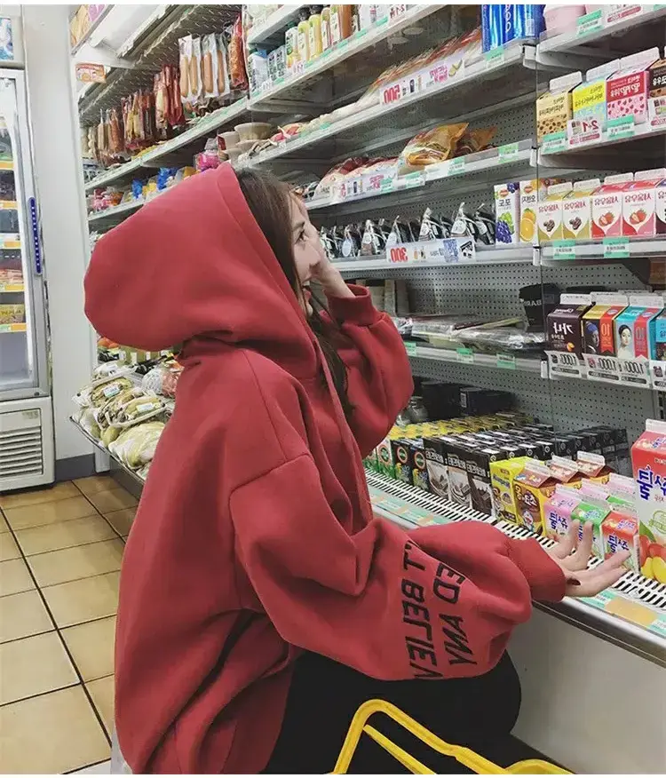 Women Red Hooded Sweatshirt Long Sleeve Fleece Winter — feature 13