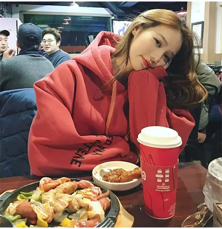 Women Red Hooded Sweatshirt Long Sleeve Fleece Winter — feature 14