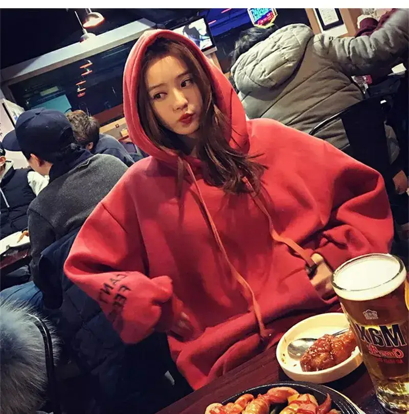 Women Red Hooded Sweatshirt Long Sleeve Fleece Winter — feature 5