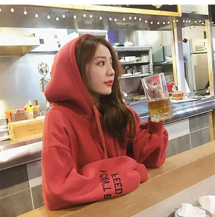 Women Red Hooded Sweatshirt Long Sleeve Fleece Winter — feature 6