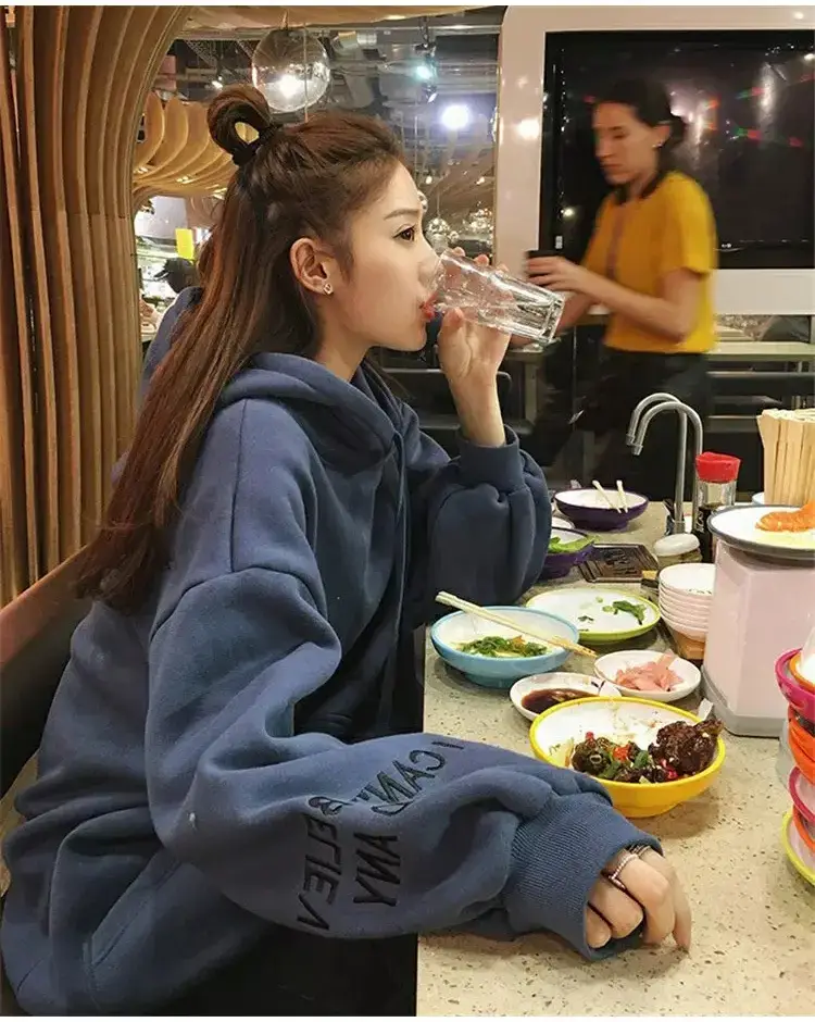 Women Red Hooded Sweatshirt Long Sleeve Fleece Winter — feature 9
