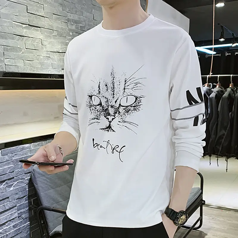 Men Black Cat Graphic Long Sleeve T-Shirt Large - Image 13