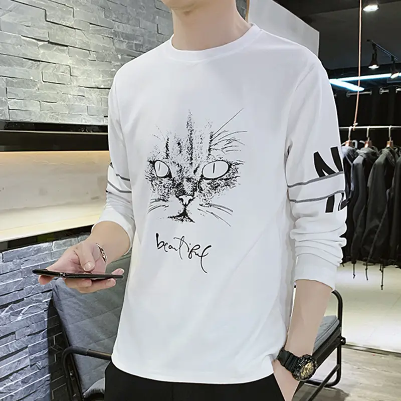 Men Black Cat Graphic Long Sleeve T-Shirt Large - Image 2