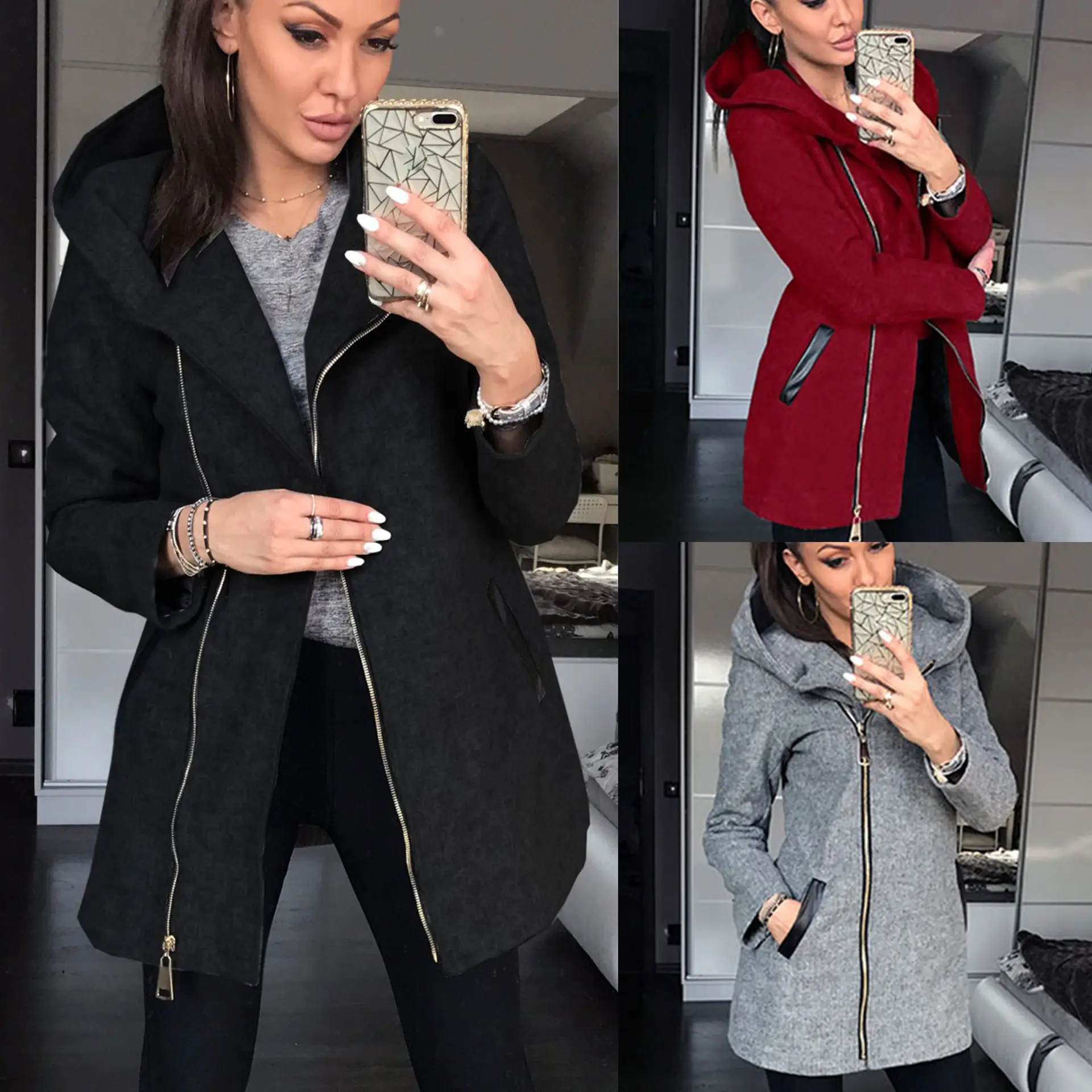 Women Grey Side Zipper Hooded Jacket