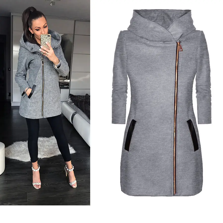 Women Grey Side Zipper Hooded Jacket