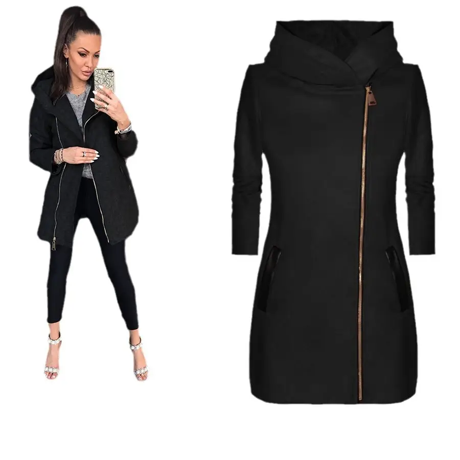 Women Grey Side Zipper Hooded Jacket