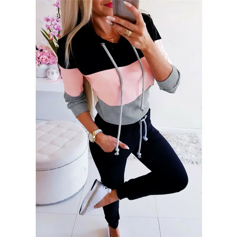 Women Grey Pink Hooded Leggings Set for Women — feature 3