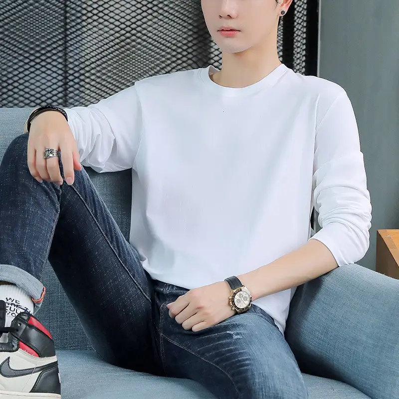 Men Cotton Long Sleeve T-Shirt Blue Loose Fit - Image 8