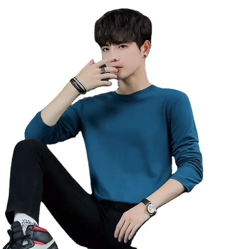 Men Cotton Long Sleeve T-Shirt Blue Loose Fit - Image 12