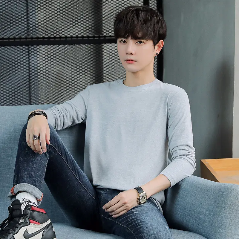 Men Cotton Long Sleeve T-Shirt Blue Loose Fit - Image 2