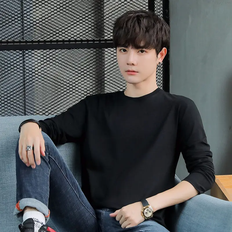 Men Cotton Long Sleeve T-Shirt Blue Loose Fit - Image 3