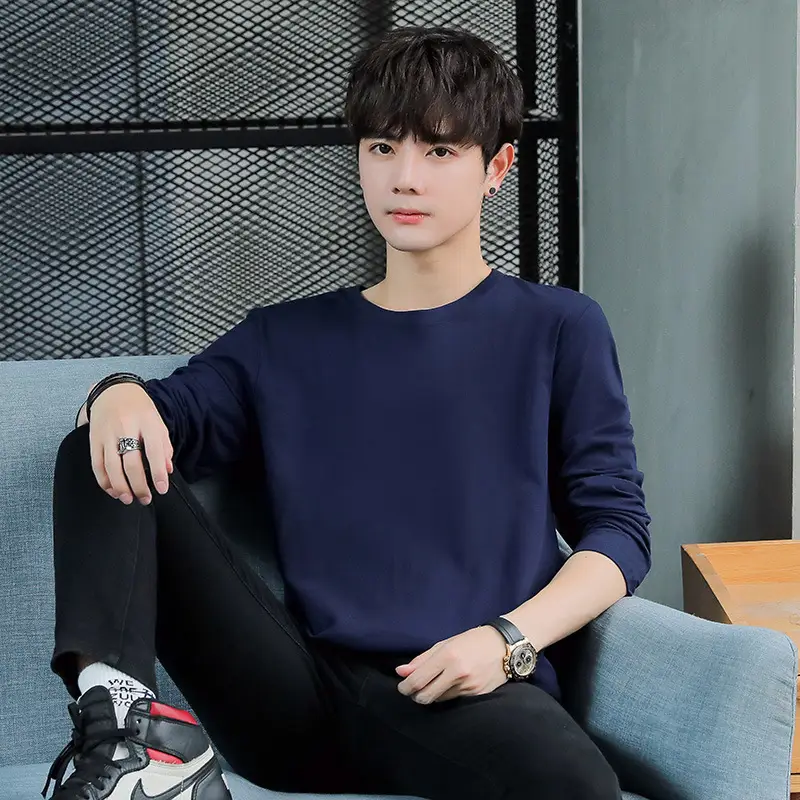 Men Cotton Long Sleeve T-Shirt Blue Loose Fit - Image 4