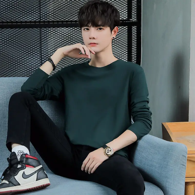 Men Cotton Long Sleeve T-Shirt Blue Loose Fit - Image 5
