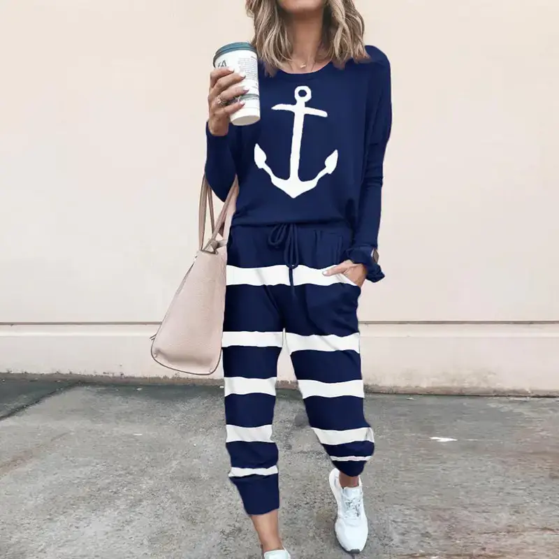 2024 Grey Loose Print Long Sleeve Casual Suit for Women - Image 10