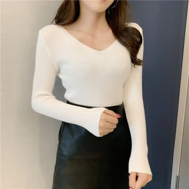 2025 Women's Long Sleeve V-Neck Knitted Sweater Beige - Image 8