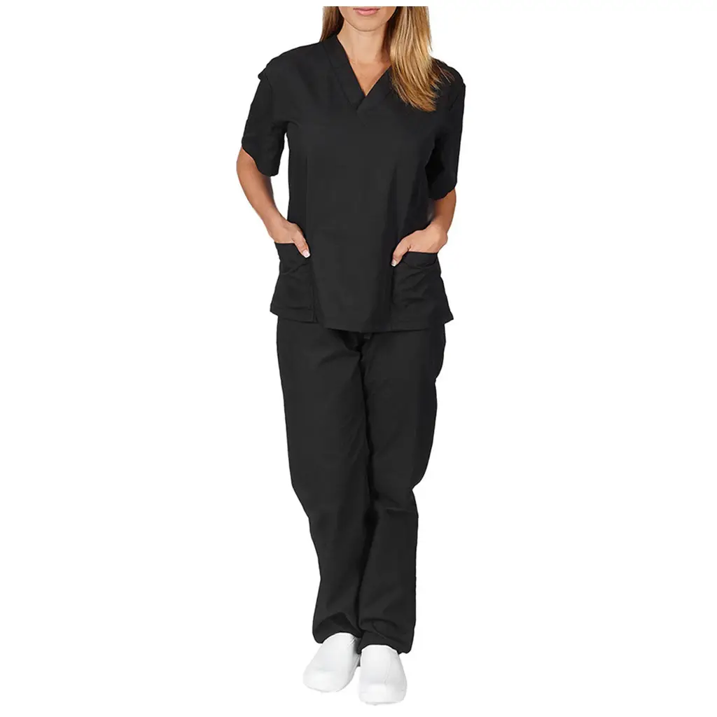 Nursing Work Suit V-Neck Pocket Two Piece Blue - Image 17