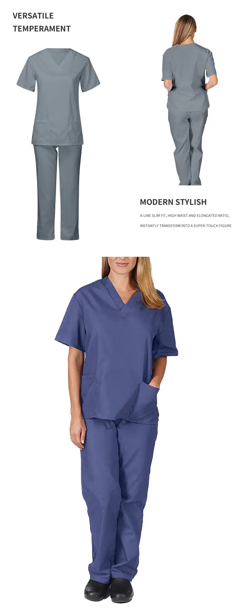 Nursing Work Suit V-Neck Pocket Two Piece Blue — feature 9