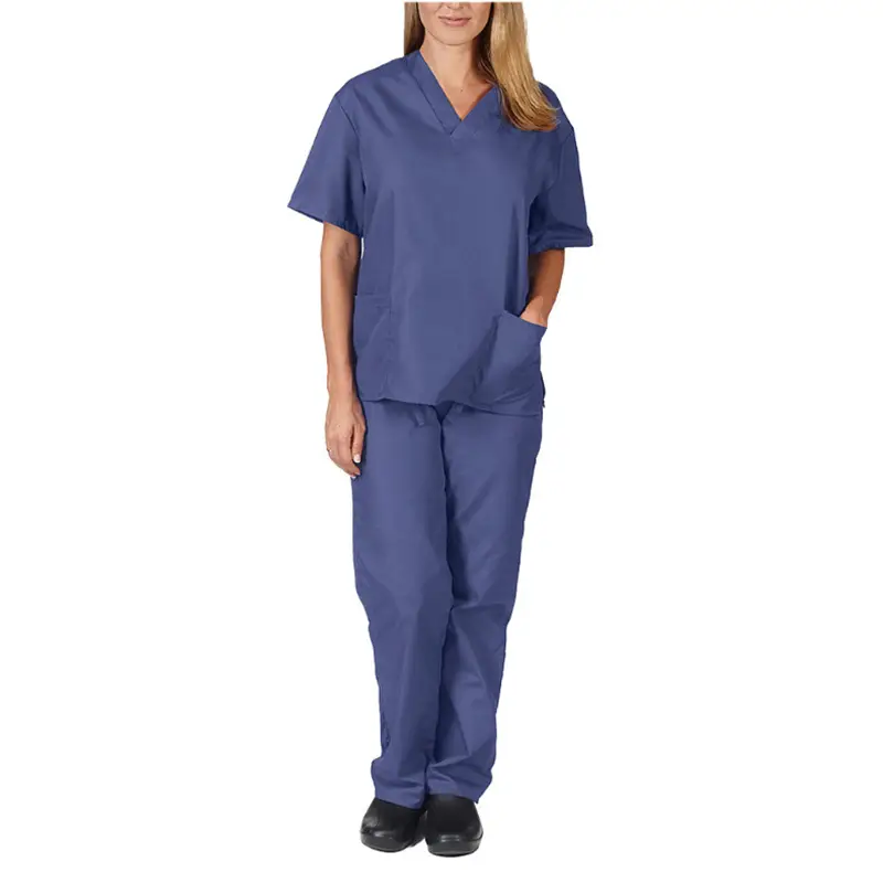 Nursing Work Suit V-Neck Pocket Two Piece Blue - Image 8