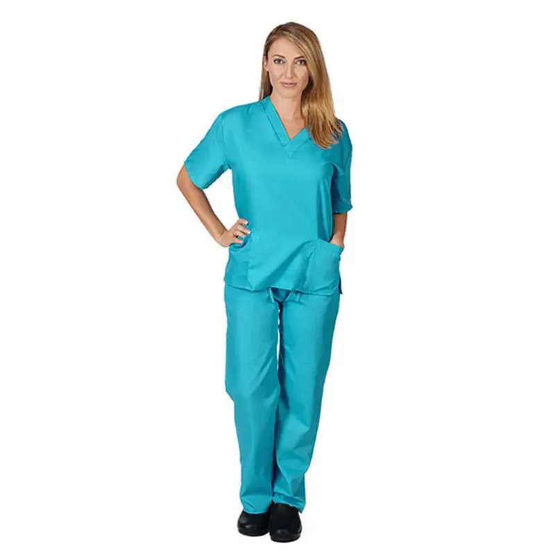 Nursing Work Suit V-Neck Pocket Two Piece Blue - Image 9