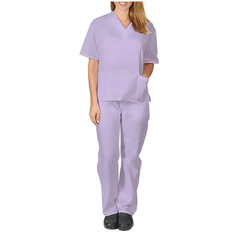 Nursing Work Suit V-Neck Pocket Two Piece Blue - Image 12