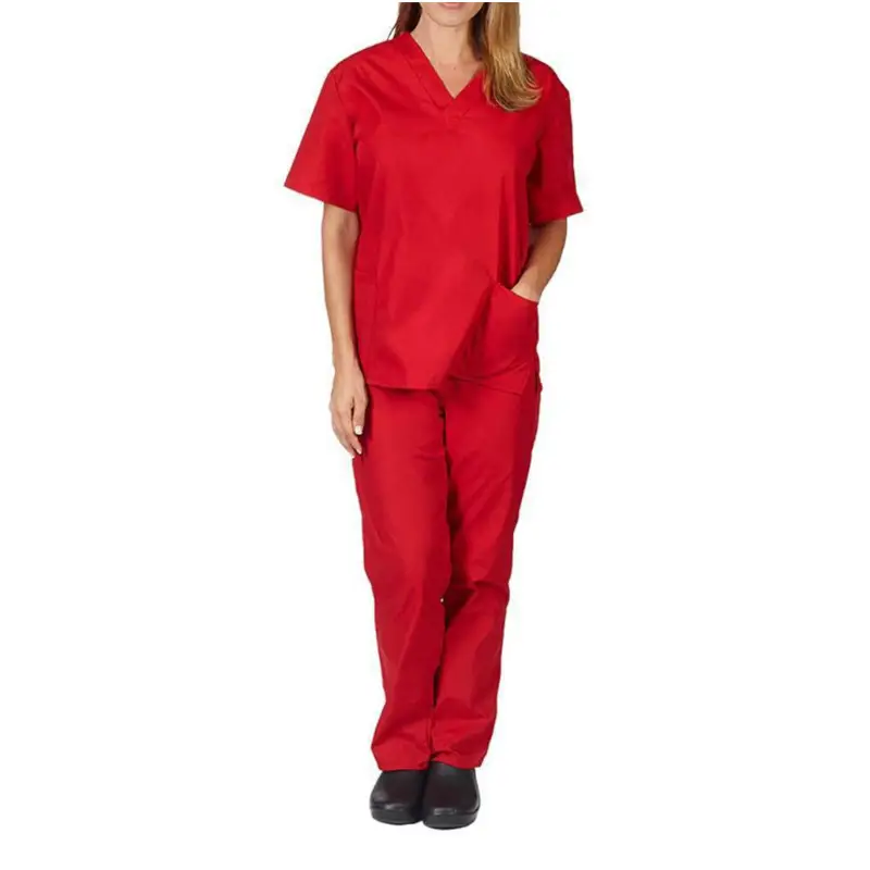 Nursing Work Suit V-Neck Pocket Two Piece Blue - Image 2
