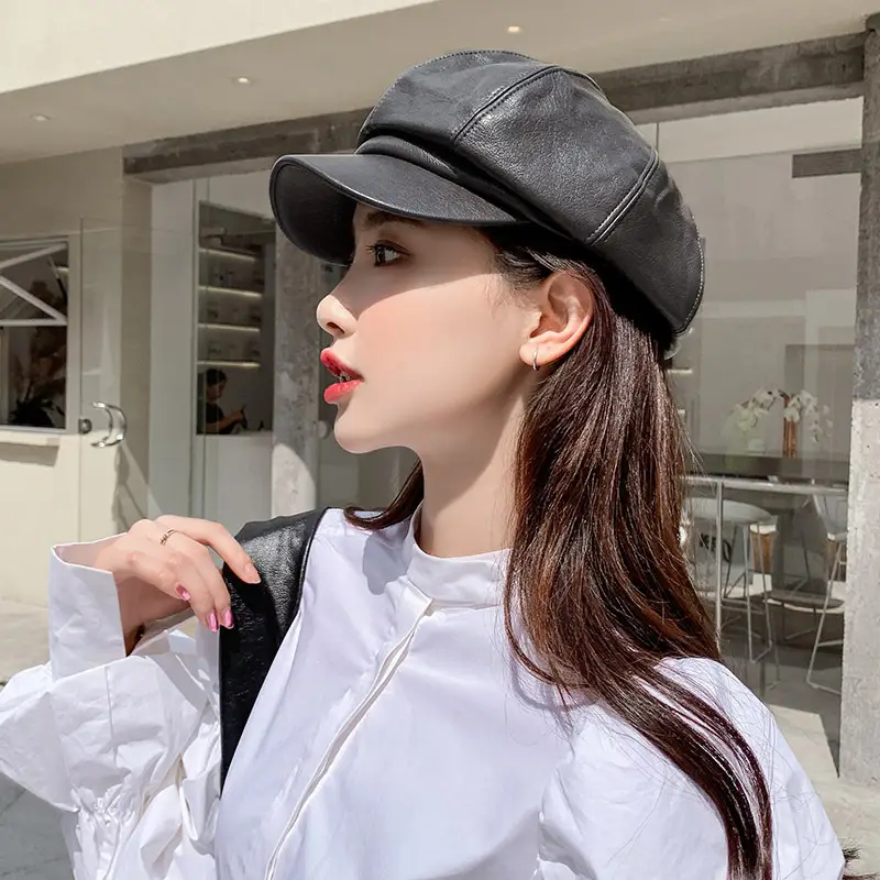Women PU Leather Black Baseball Cap Autumn Winter