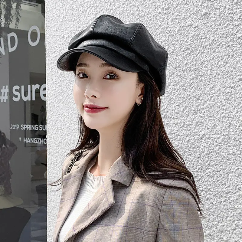 Women PU Leather Black Baseball Cap Autumn Winter - Image 9