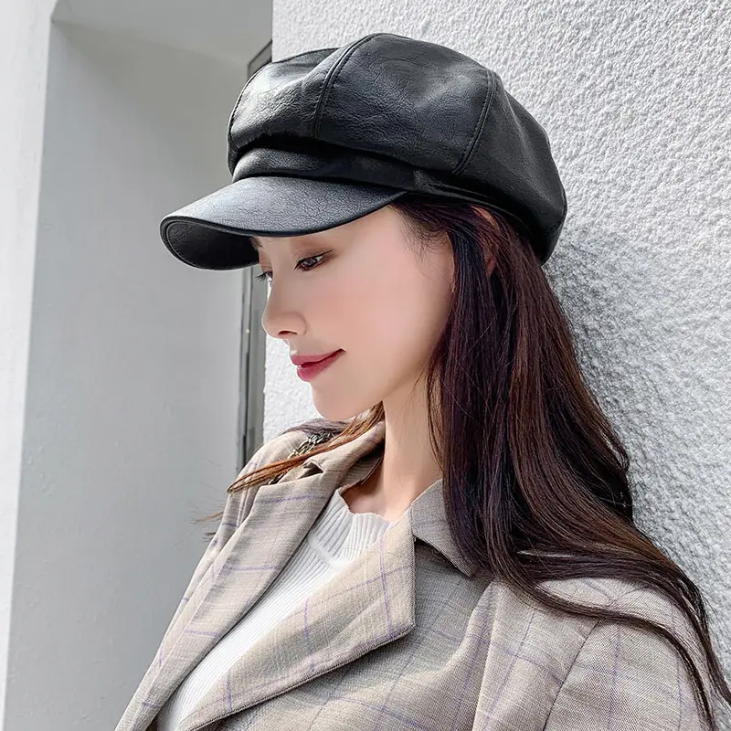 Women PU Leather Black Baseball Cap Autumn Winter - Image 11