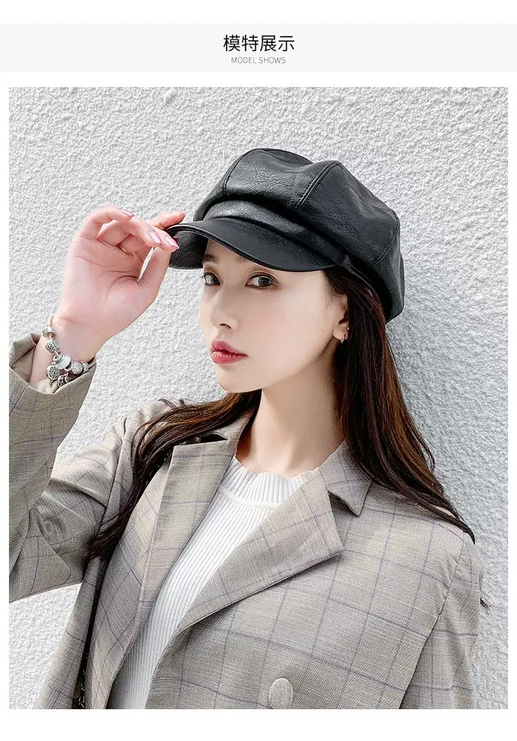 Women PU Leather Black Baseball Cap Autumn Winter — feature 11