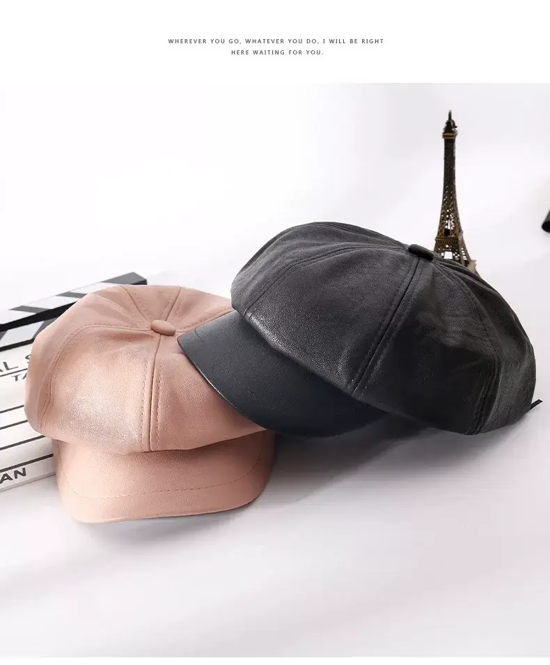 Women PU Leather Black Baseball Cap Autumn Winter — feature 12