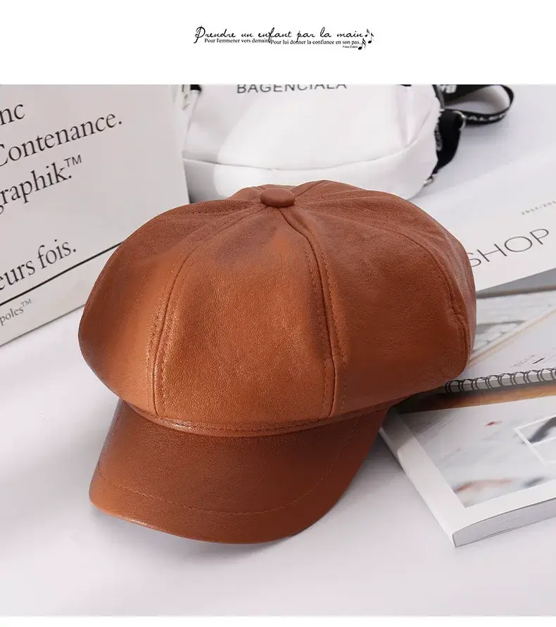 Women PU Leather Black Baseball Cap Autumn Winter — feature 13