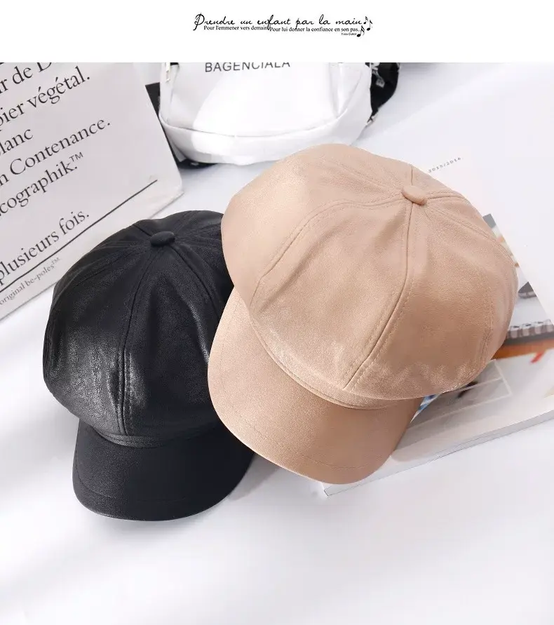 Women PU Leather Black Baseball Cap Autumn Winter — feature 17