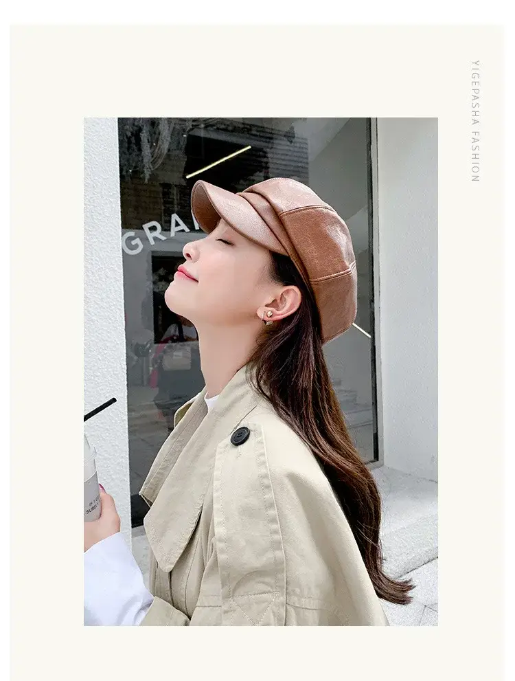 Women PU Leather Black Baseball Cap Autumn Winter — feature 7