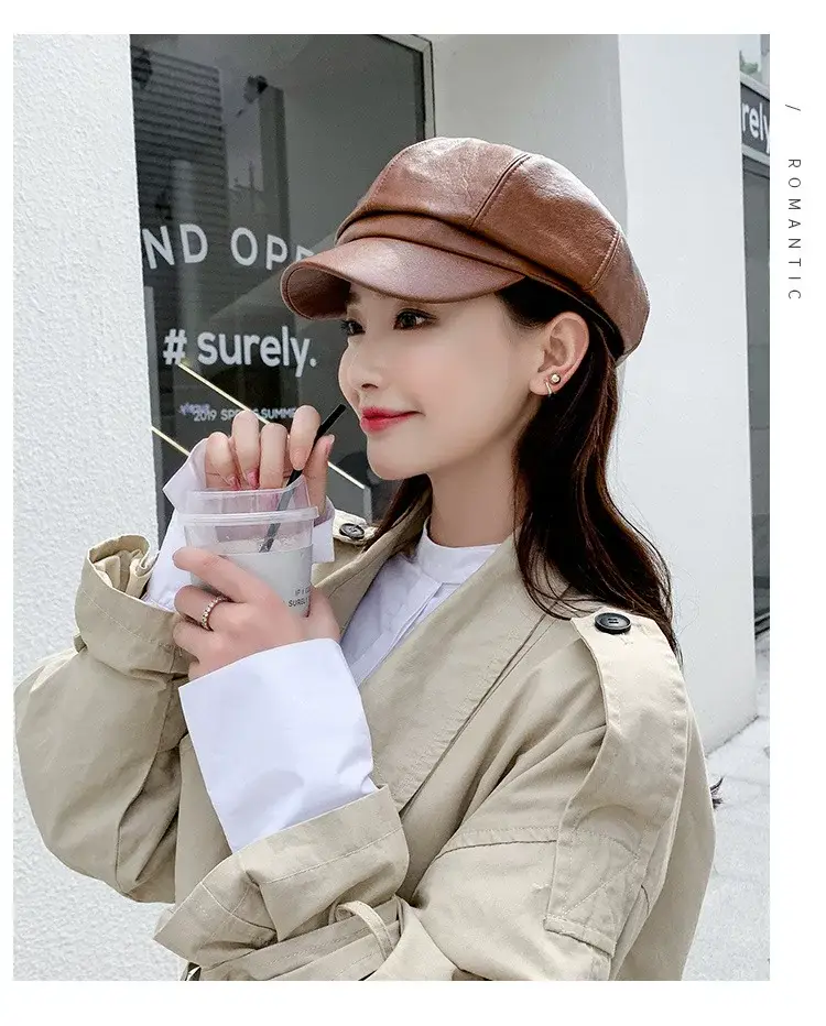 Women PU Leather Black Baseball Cap Autumn Winter — feature 9