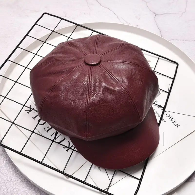 Women PU Leather Black Baseball Cap Autumn Winter - Image 2