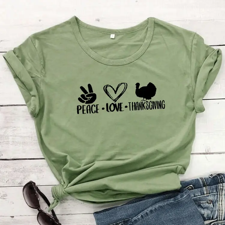 Peace Love Thankgiving T-Shirt Green Short Sleeve