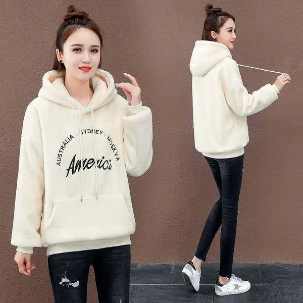 Women's Cream Wool Hoodie 2025 Winter Warm Casual - Image 8