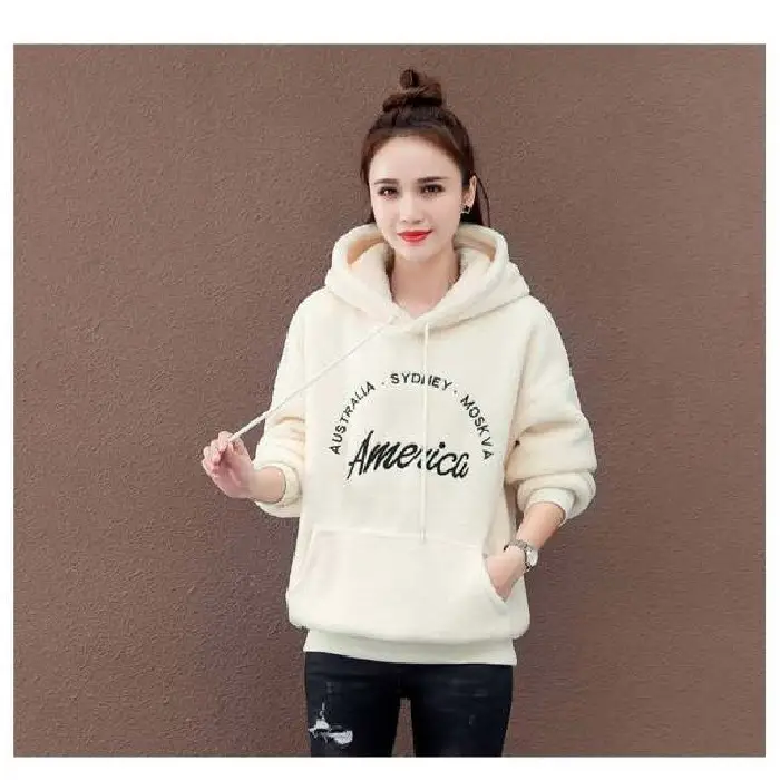 Women's Cream Wool Hoodie 2025 Winter Warm Casual - Image 2
