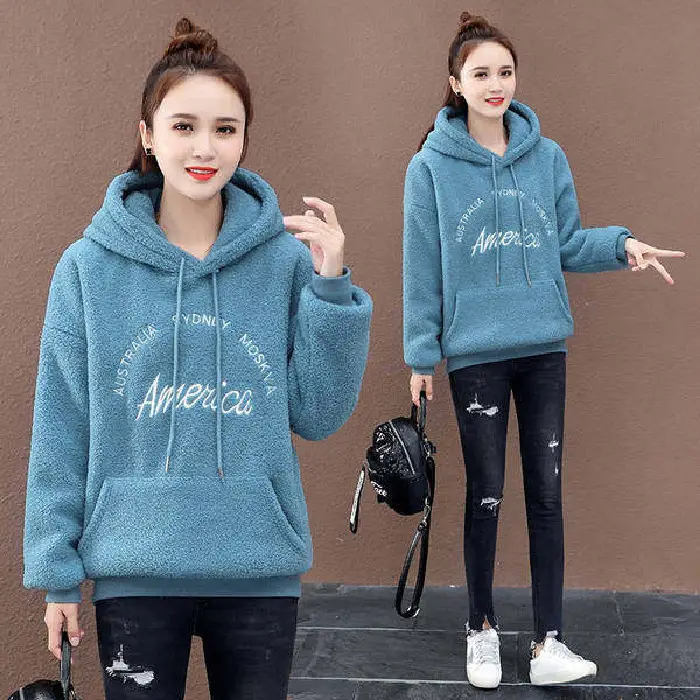 Women's Cream Wool Hoodie 2025 Winter Warm Casual - Image 3