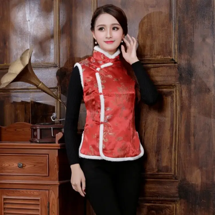 Women Winter Tang Suit Vest Red Chinoiserie Cotton - Image 3