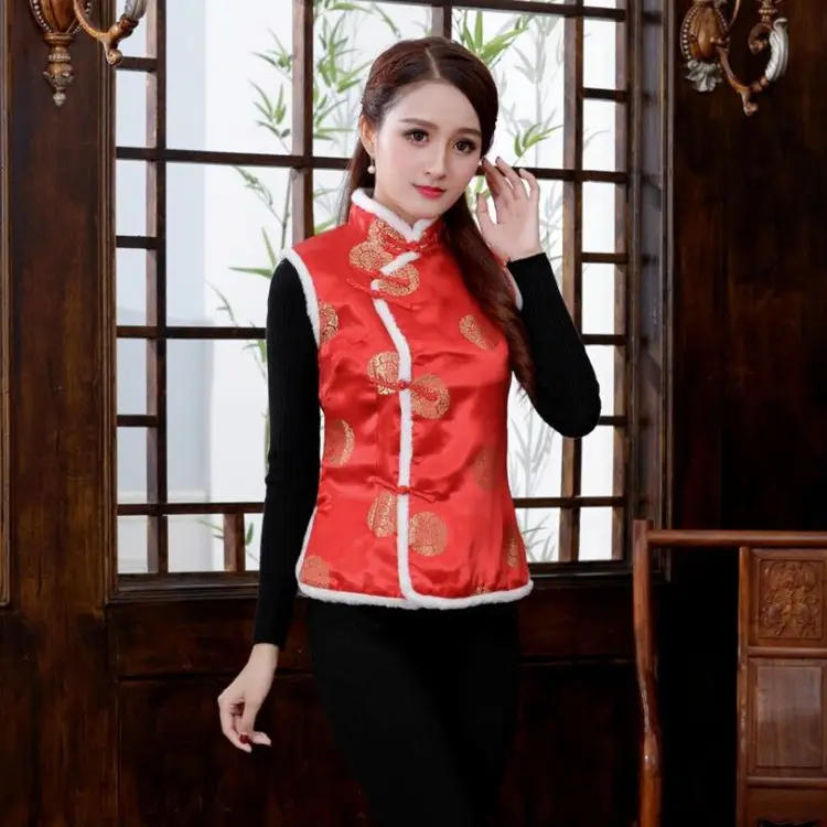 Women Winter Tang Suit Vest Red Chinoiserie Cotton — feature 10