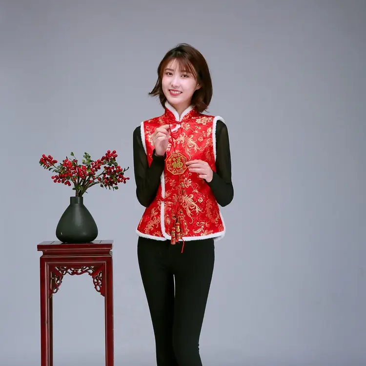 Women Winter Tang Suit Vest Red Chinoiserie Cotton — feature 16