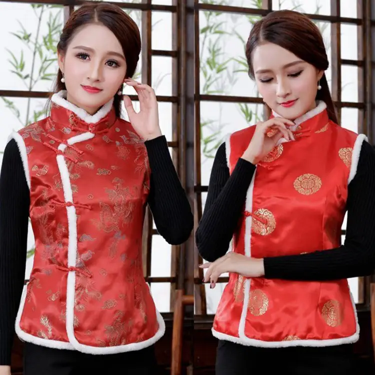 Women Winter Tang Suit Vest Red Chinoiserie Cotton — feature 4