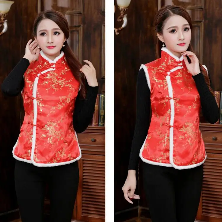 Women Winter Tang Suit Vest Red Chinoiserie Cotton — feature 5